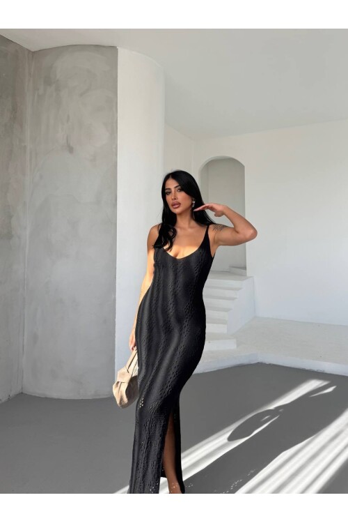 Kadın Siyah Askılı Triko Elbise