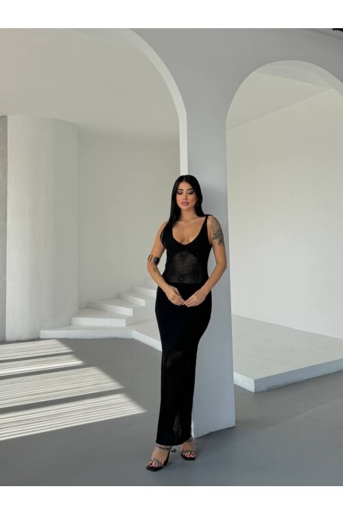 Kadın Siyah Bel Transparan Detaylı Triko Elbise