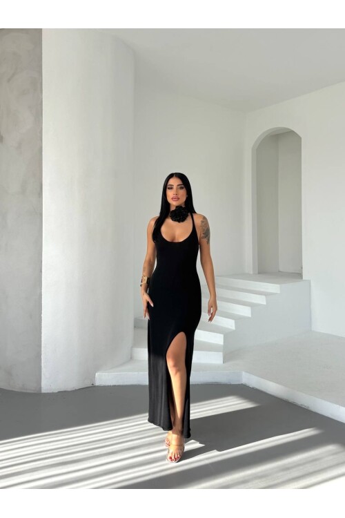Kadın Siyah Çapraz Sırt Detaylı Triko Elbise