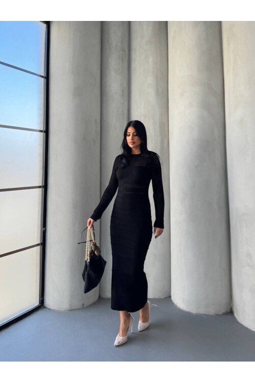 Kadın Siyah Örme Şerit Detaylı Triko Elbise