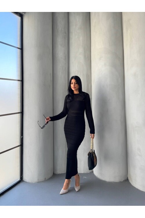 Kadın Siyah Örme Şerit Detaylı Triko Elbise