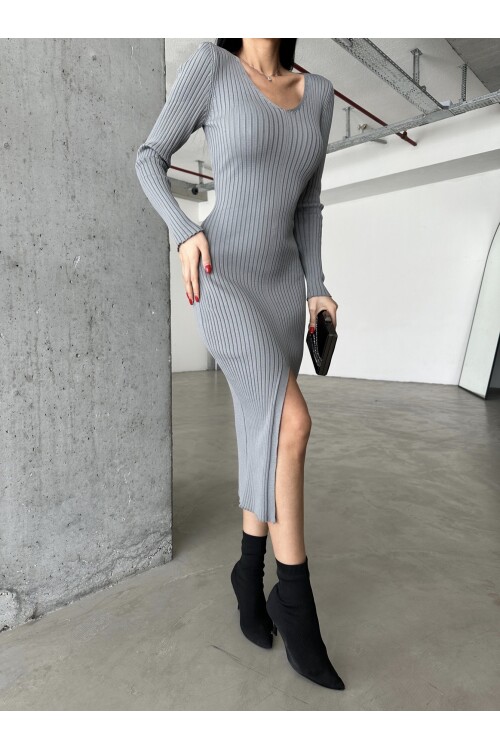 V-Neck Slit Knitwear Dress