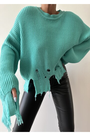 Bisiklet Yaka Yırtık Triko Kazak