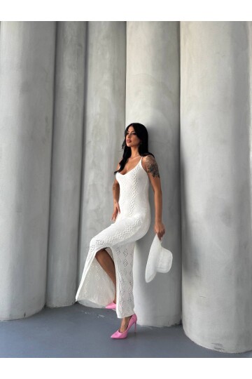 Kadın Beyaz Askılı Triko Elbise