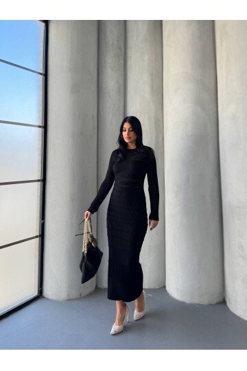 Kadın Siyah Örme Şerit Detaylı Triko Elbise