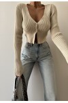 Uzun Kollu Düğmeli Crop Hırka