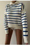 Collar Detailed Striped Knitwear Sweater