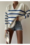 Collar Detailed Striped Knitwear Sweater