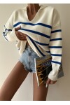 Collar Detailed Striped Knitwear Sweater